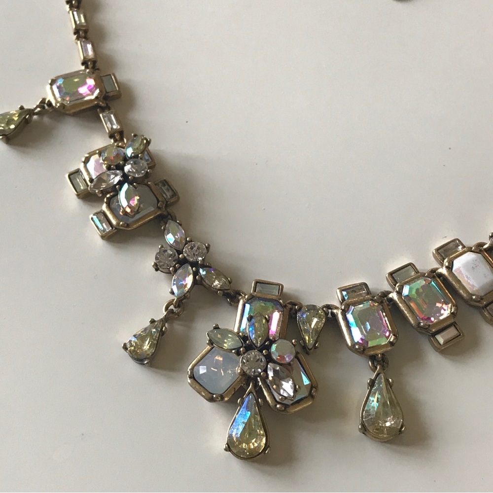 J CREW Signed Iridescent AB Rhinestone Gold Tone Layered Bib Statement Necklace - Picture 3 of 6